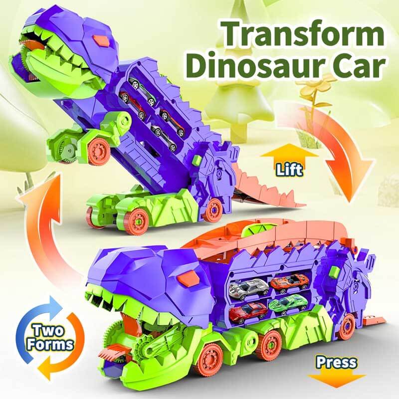 Camion jouet dinosaure unique, s'ouvrant pour révéler des pistes de course palpitantes.