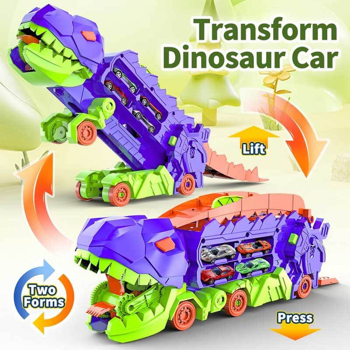Camion jouet dinosaure unique, s'ouvrant pour révéler des pistes de course palpitantes.