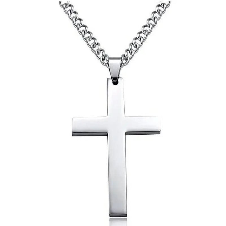 Pendentif croix moderne pour homme, chaîne noire discrète, bijou symbolique et tendance.