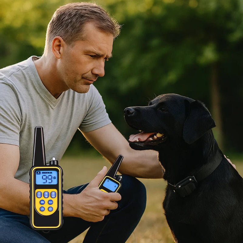 Télécommande ergonomique pour collier de dressage chien, améliore l'obéissance et aide contre les aboiements.
