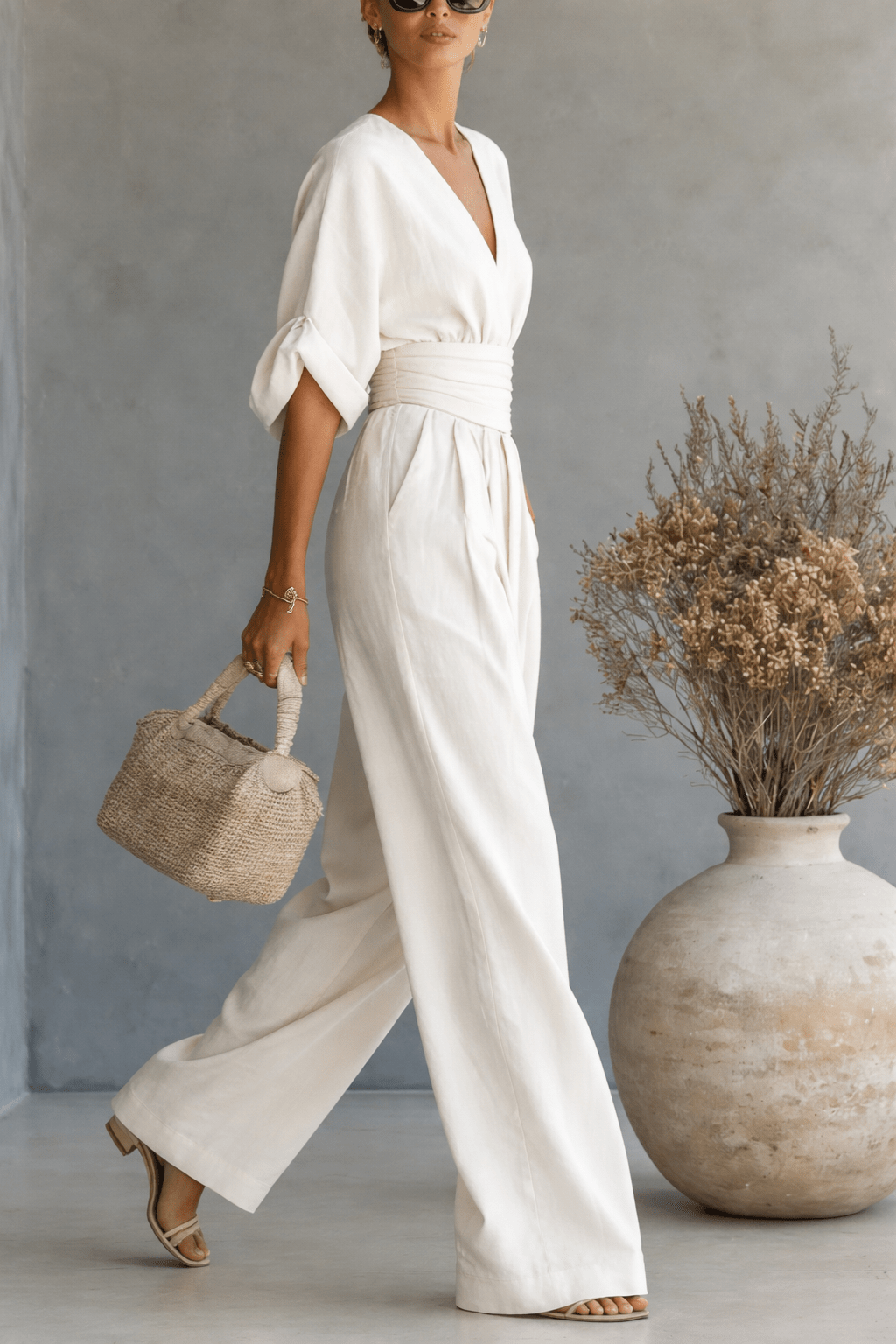 Combinaison femme, taille haute, manches trois-quarts, style décontracté chic, pour un look mode actuel.