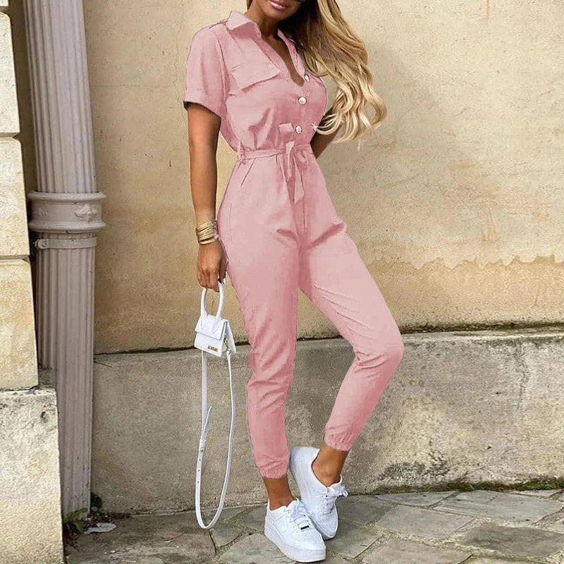 Vêtement d'été: Jumpsuit femme à manches courtes, boutonnée, poches, ceinturée, style décontracté polyvalent.