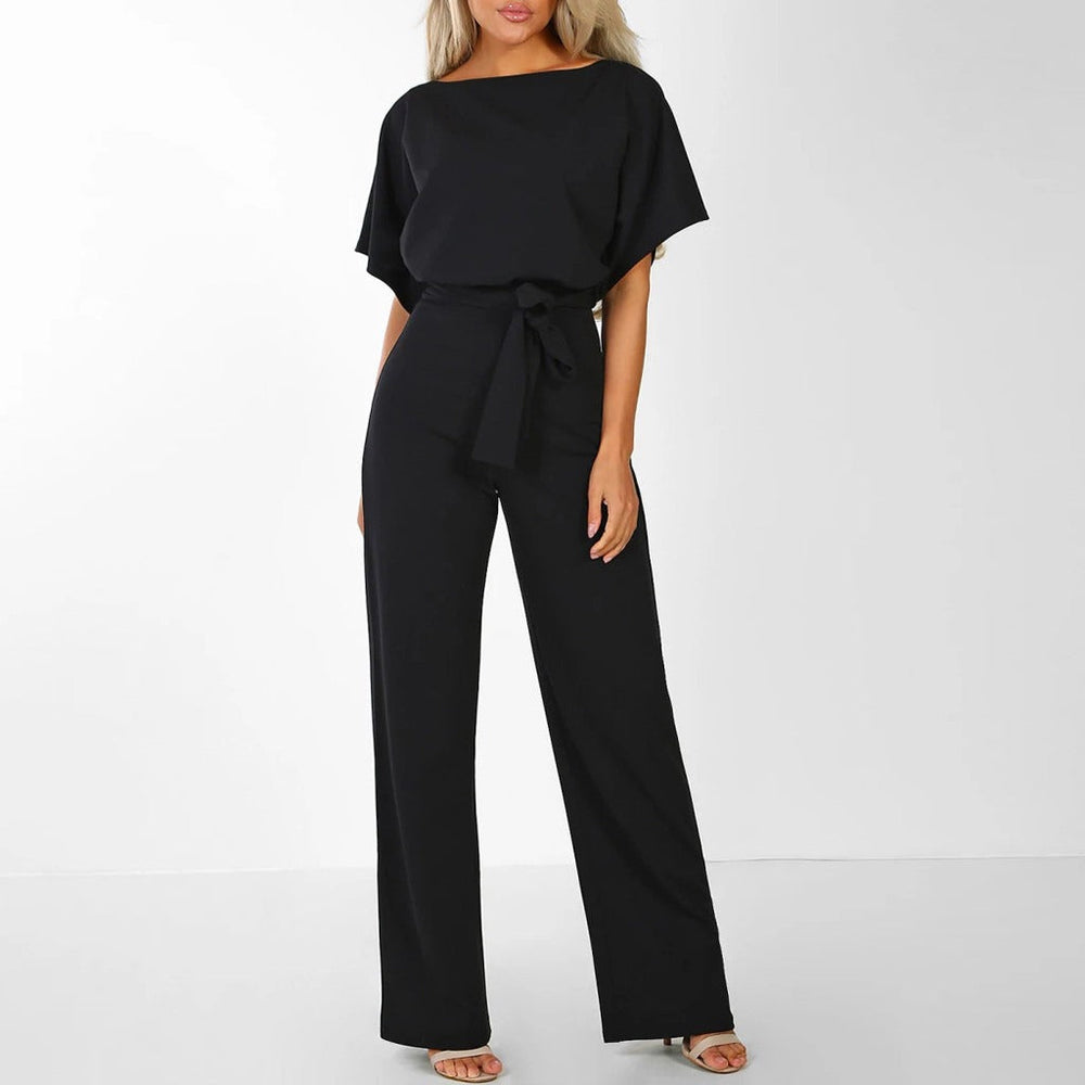 Combinaison chic femme à jambes larges, fluide, ceinturée, manches courtes, idéale mode printemps-été.
