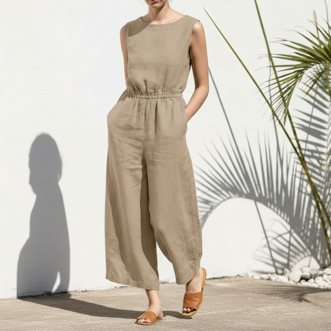 Combinaison pantalon femme fluide à jambes larges, sans manches, confortable pour l'été et le printemps, style décontracté chic.