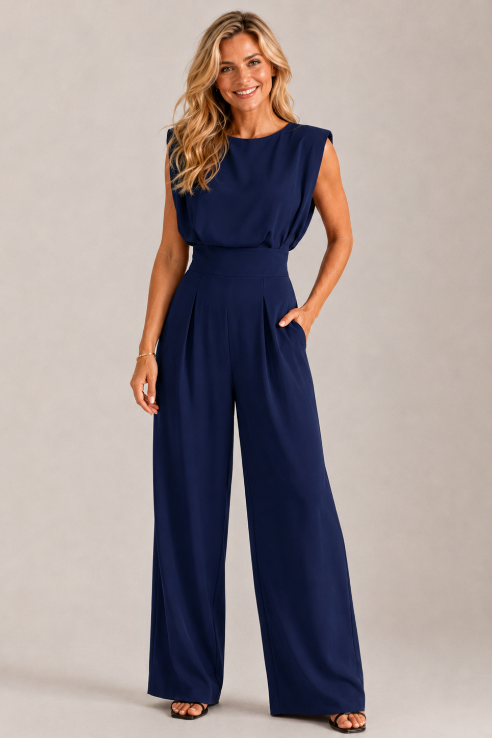 Combinaison femme confort infroissable, jambes droites. Tenue décontractée chic sans manches, parfaite été.
