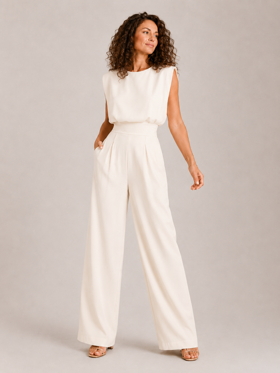 Modèle de combinaison femme sans manches, taille haute. Style moderne et infroissable, idéal pour un look élégant et décontracté.