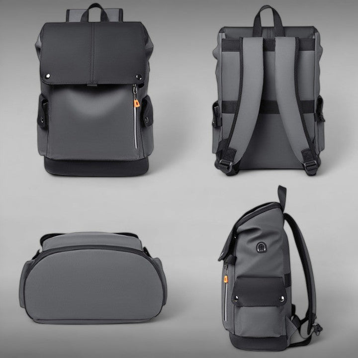 Sac à dos mixte imperméable gris, parfait pour les trajets quotidiens et voyages.