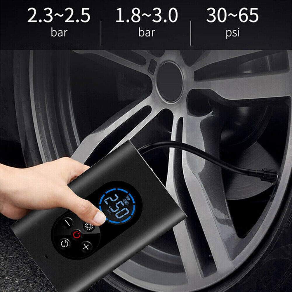 Gonfleur de pneu portable branché sur pneu de voiture, assurant un gonflage rapide en cas d'urgence.