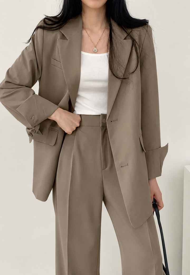Tailleur femme moderne et sophistiqué : blazer et pantalon droit pour un look professionnel et chic.