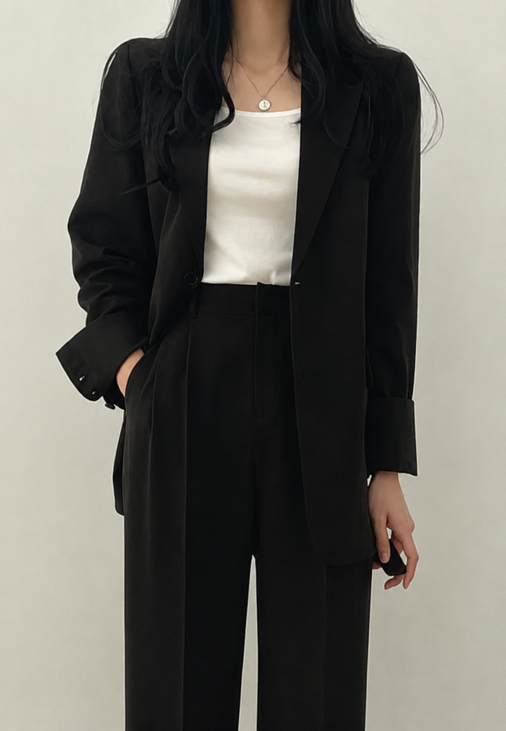 Vêtement de bureau femme : ensemble blazer et pantalon droit. Style élégant, moderne et polyvalent.