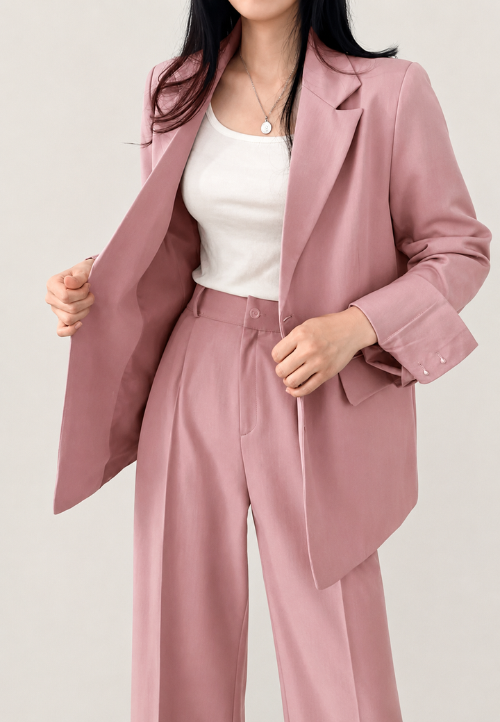 Ensemble tailleur femme élégant : blazer structuré et pantalon droit. Idéal pour bureau ou événement chic.