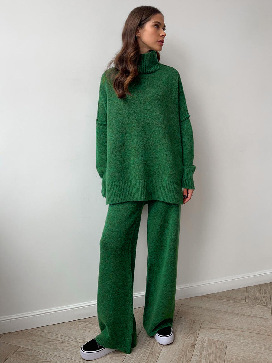 Mode féminine: ensemble maille vert femme avec pull col roulé & pantalon large. Chaleur et confort.