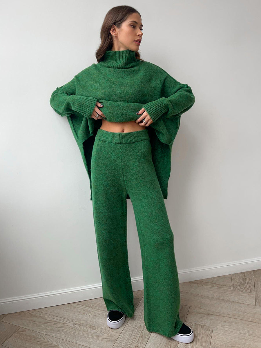 Ensemble maille femme chic: pull col roulé douillet & pantalon large tendance. Idéal pour l'hiver élégant.