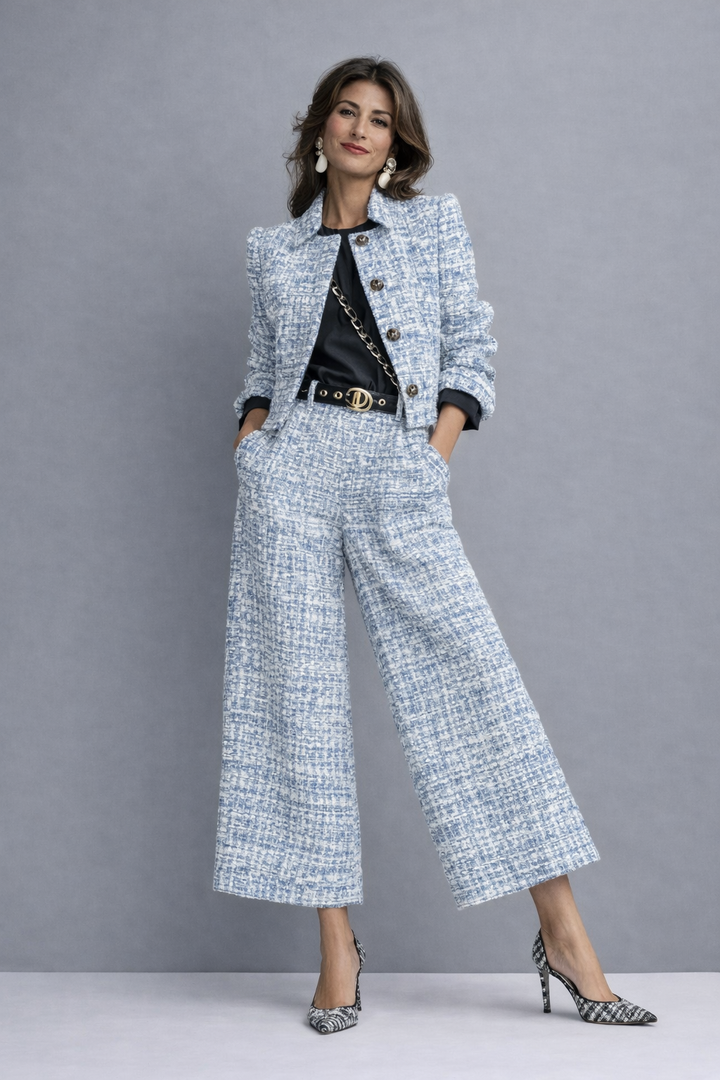 Mode féminine: ensemble élégant en tweed, incluant une veste courte et un pantalon large, chic et polyvalent.