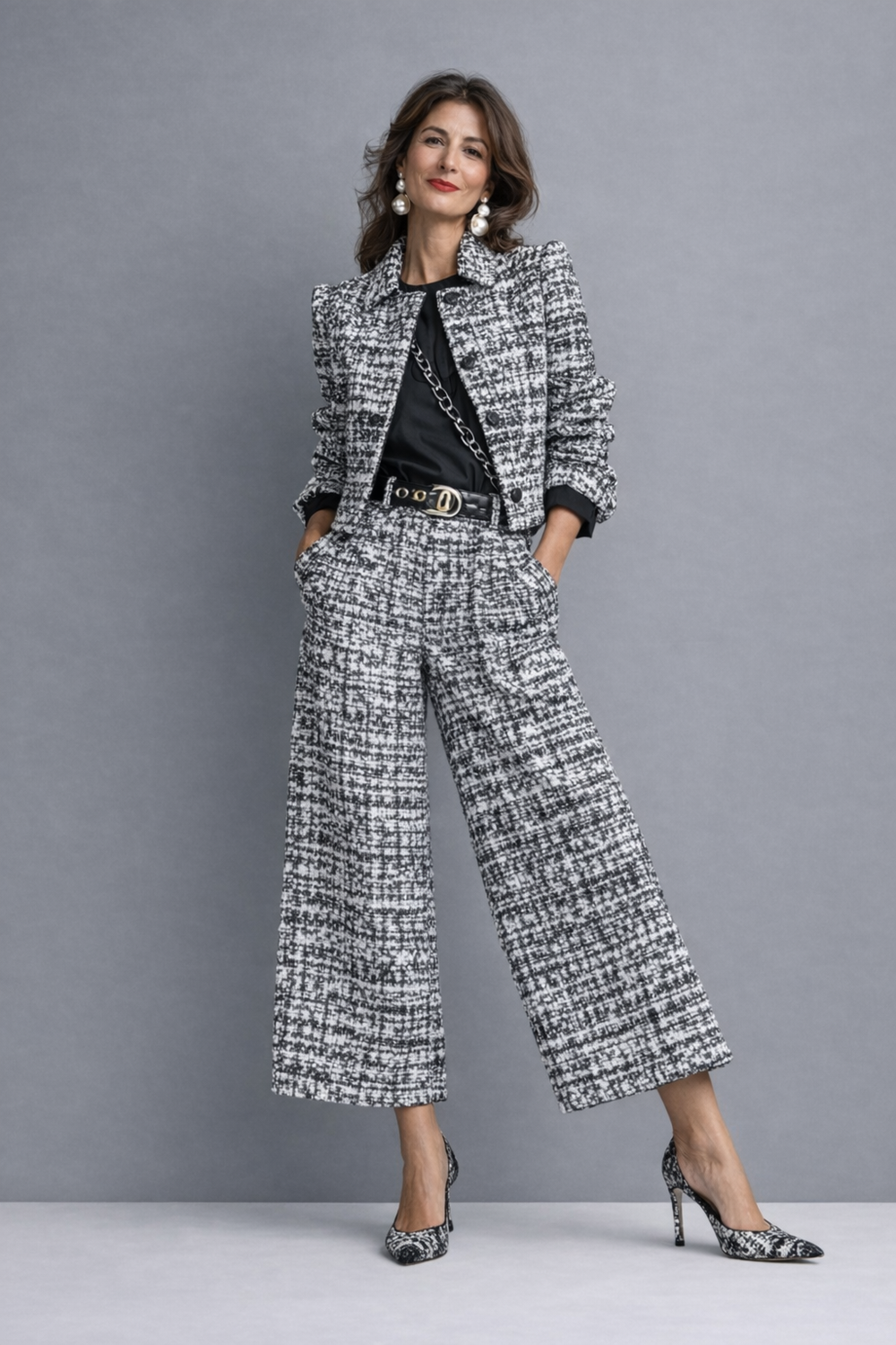 Tailleur femme deux pièces en tweed, avec veste courte ajustée et pantalon large, idéal pour mode professionnelle.