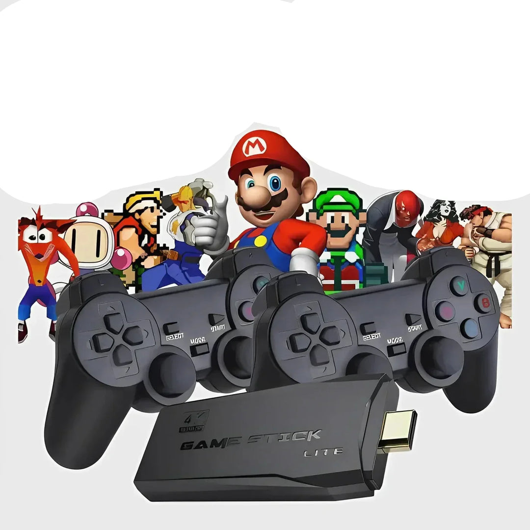 Console de jeu rétro noire avec manettes, 20000+ jeux classiques intégrés. HDMI pour divertissement familial.