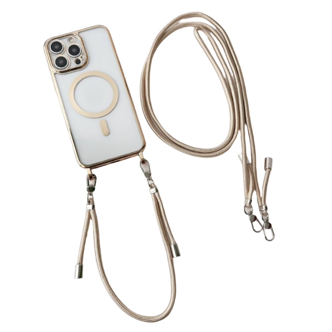Coque iPhone noire avec cordon amovible et MagSafe, offrant protection et portabilité mains libres.
