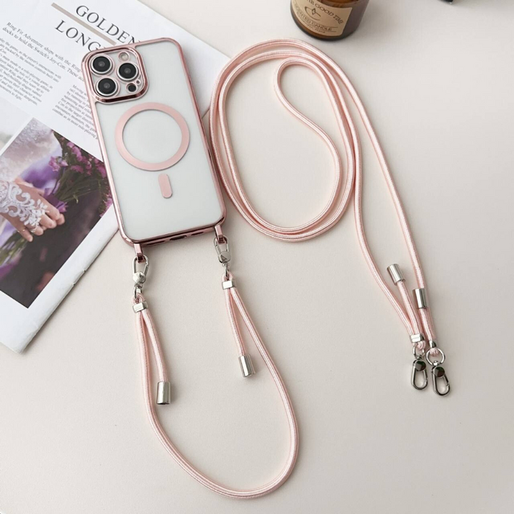 Housse de téléphone iPhone 14 rose avec lanière intégrée, idéale pour garder votre appareil sécurisé et à portée de main.