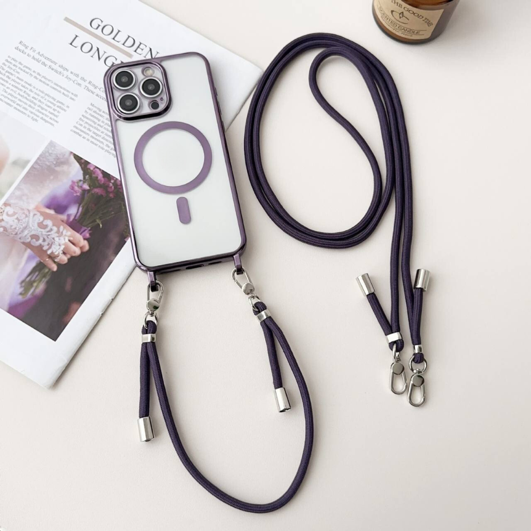 Coque iPhone 13 argentée robuste avec cordon et MagSafe, conçue pour la protection et la commodité d'usage.