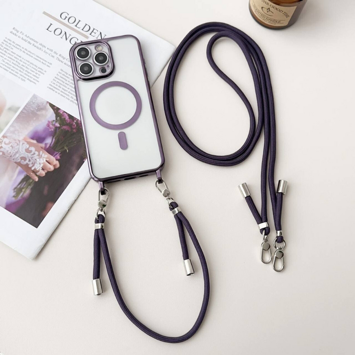 Coque iPhone 13 argentée robuste avec cordon et MagSafe, conçue pour la protection et la commodité d'usage.