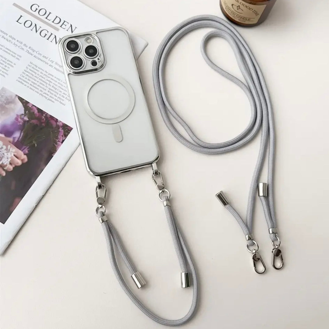 Accessoire iPhone 12 doré: coque MagSafe avec dragonne pour un transport pratique et élégant de votre smartphone.