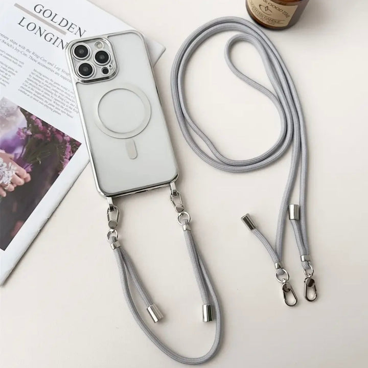 Accessoire iPhone 12 doré: coque MagSafe avec dragonne pour un transport pratique et élégant de votre smartphone.