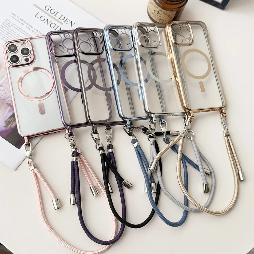 Étui iPhone avec cordon et anneau MagSafe intégré, offrant une solution complète pour la protection et le transport.