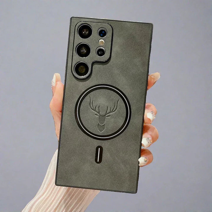 Coque magnétique en cuir PU pour téléphone, compatible charge sans fil, protection antichoc pour smartphone.