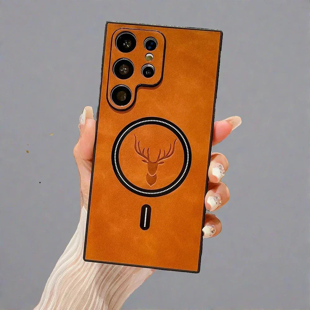 Étui magnétique en cuir PU pour smartphone, offre protection et charge sans fil pratique.