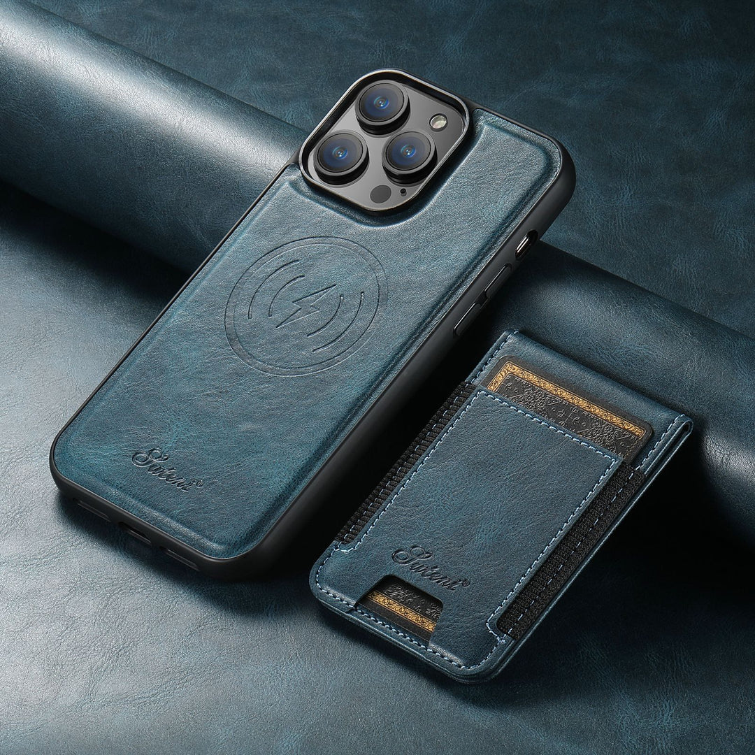 Étui téléphone noir en cuir pour iPhone, avec MagSafe et porte-cartes. Protection robuste et élégante.