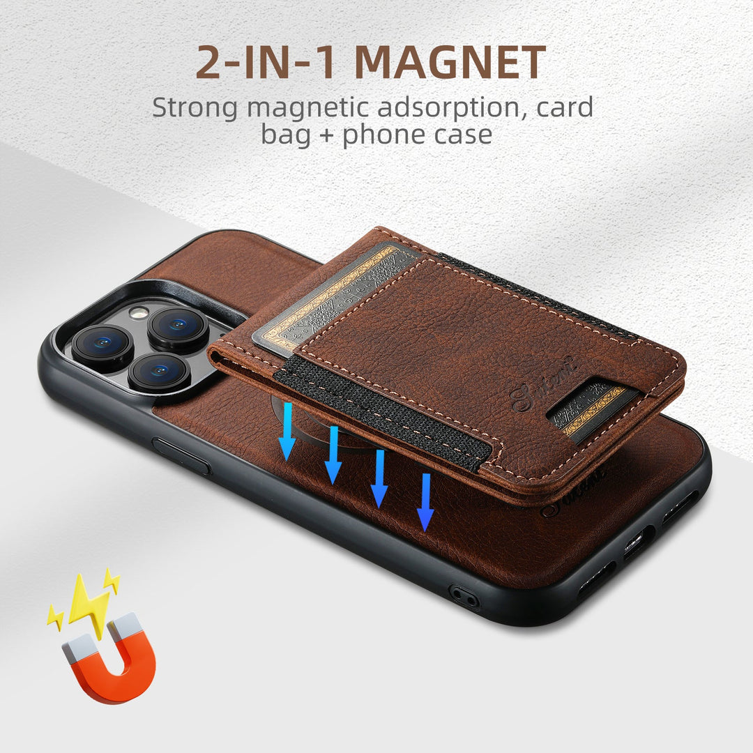 Coque iPhone en cuir élégante, disponible en noir et marron, avec porte-cartes et MagSafe.