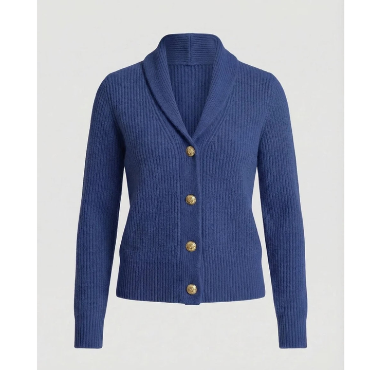 Cardigan femme élégant tricoté avec col châle et boutons, parfait pour l'automne-hiver, style chic et confortable.
