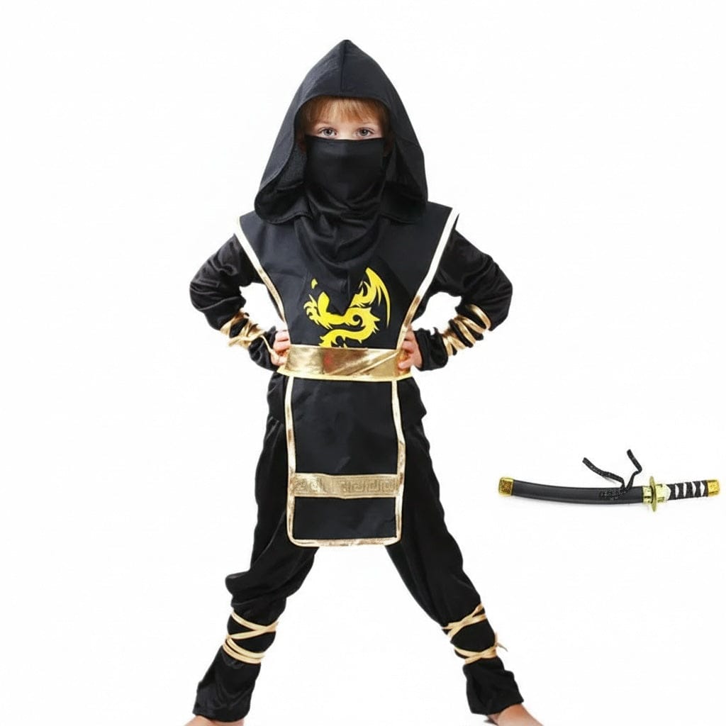 Costume de ninja noir pour enfant avec accessoires (ceinture, capuche). Idéal pour Halloween ou fête d'anniversaire.
