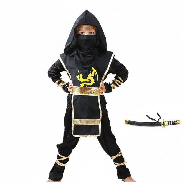 Costume de ninja noir pour enfant avec accessoires (ceinture, capuche). Idéal pour Halloween ou fête d'anniversaire.