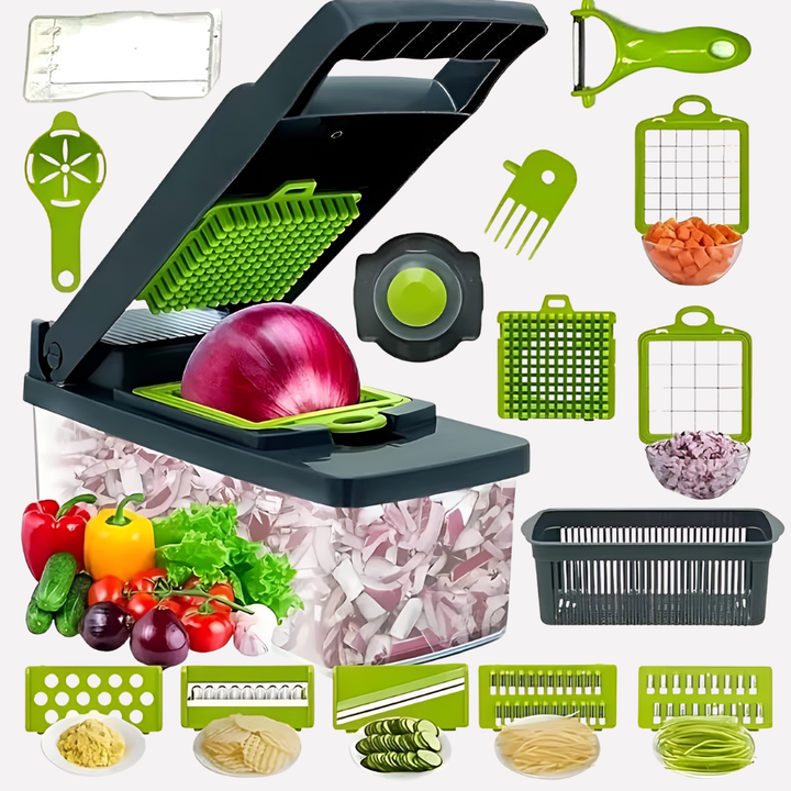 Ustensile de cuisine multifonction 4-en-1: coupe-légumes, spiraliseur, hachoir, trancheur en acier inoxydable, sans BPA.