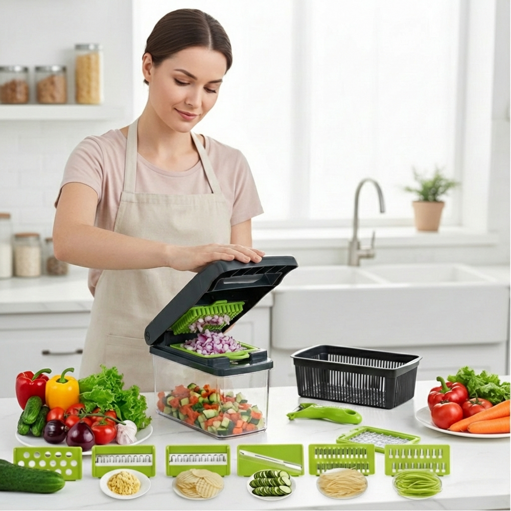 Préparation repas rapide avec cet ustensile 4-en-1 pour légumes. Coupe, hache et tranche facilement. Gain de temps.