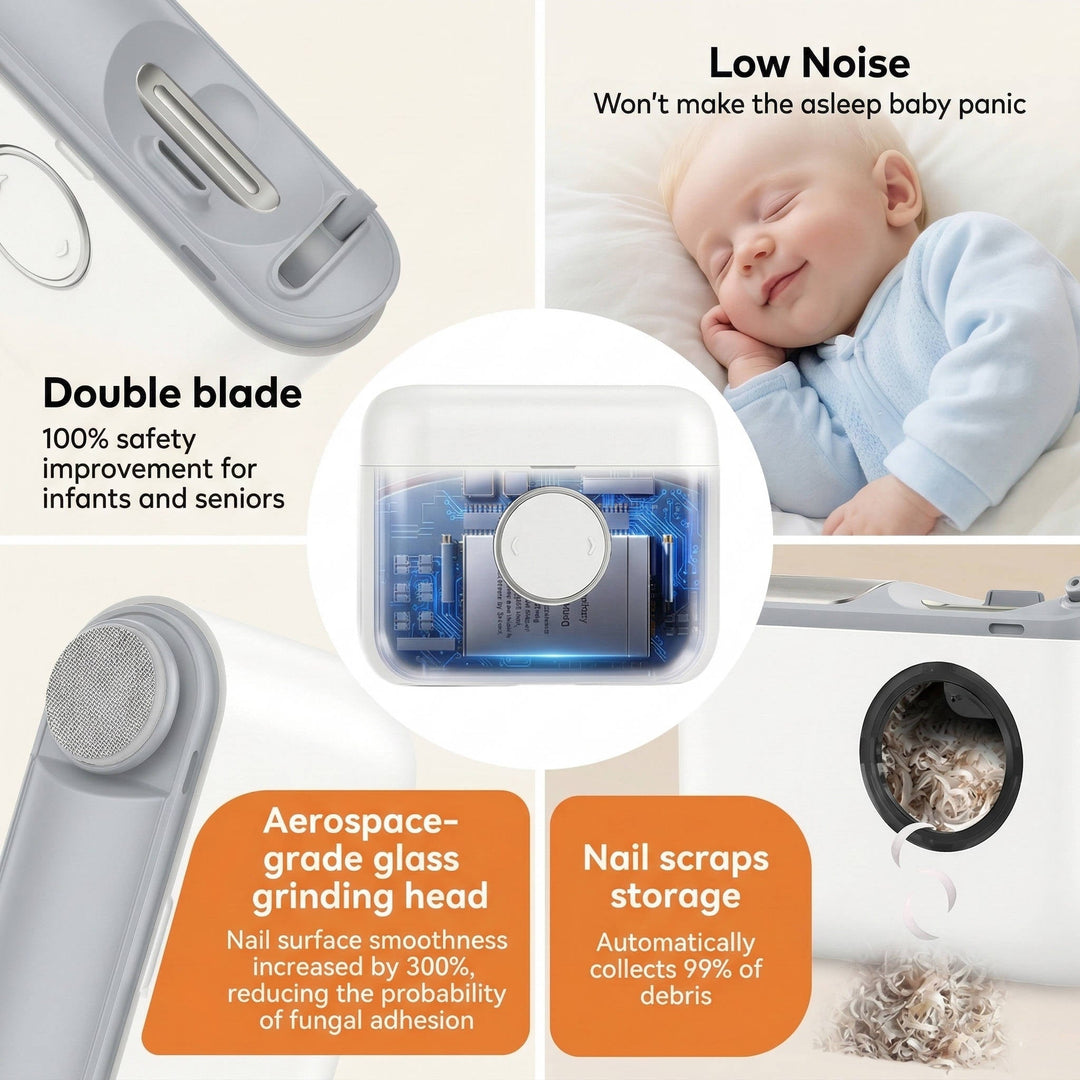 Appareil coupe-ongles électrique rechargeable, silencieux et propre, idéal pour une manucure et pédicure familiale.