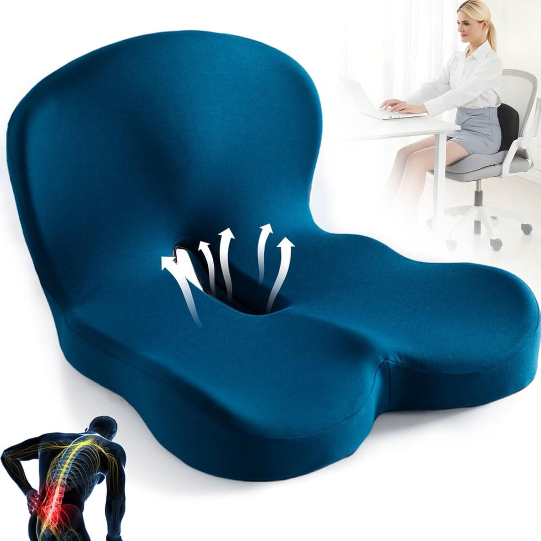 Coussin ergonomique en mousse à mémoire de forme pour assise bureau, soulage les douleurs lombaires et améliore posture.