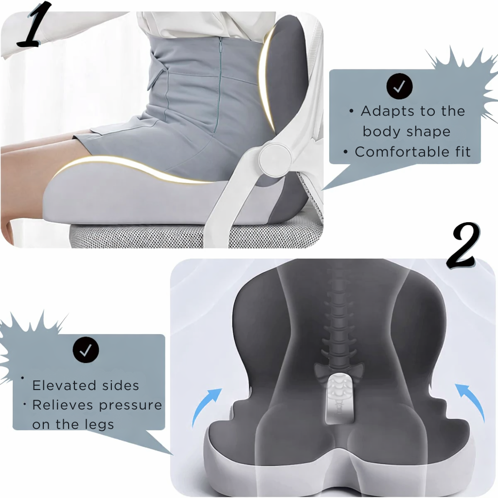 Coussin ergonomique pour assise prolongée, mousse à mémoire de forme, confort et soutien postural amélioré.
