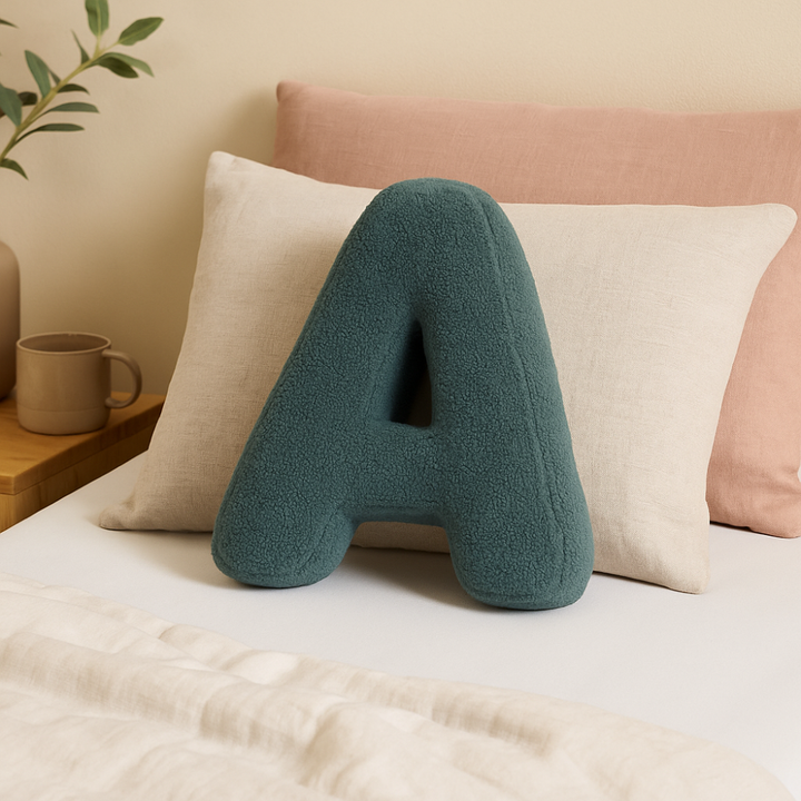 Coussin décoratif lettre A personnalisé en coton doux, idéal pour canapé ou lit enfant.