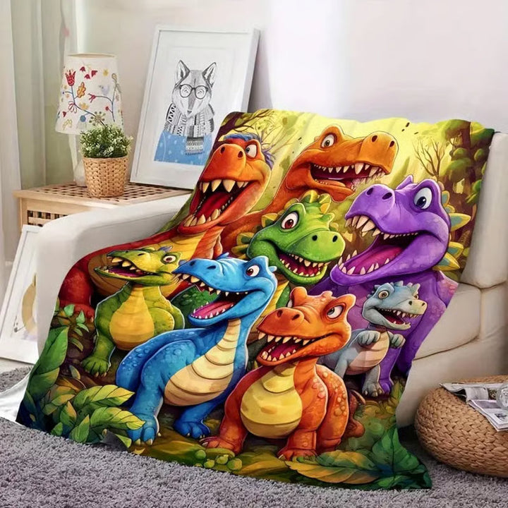 Couverture enfant douce en flanelle dinosaures multicolores. Idéale pour chambre enfant, cadeau.