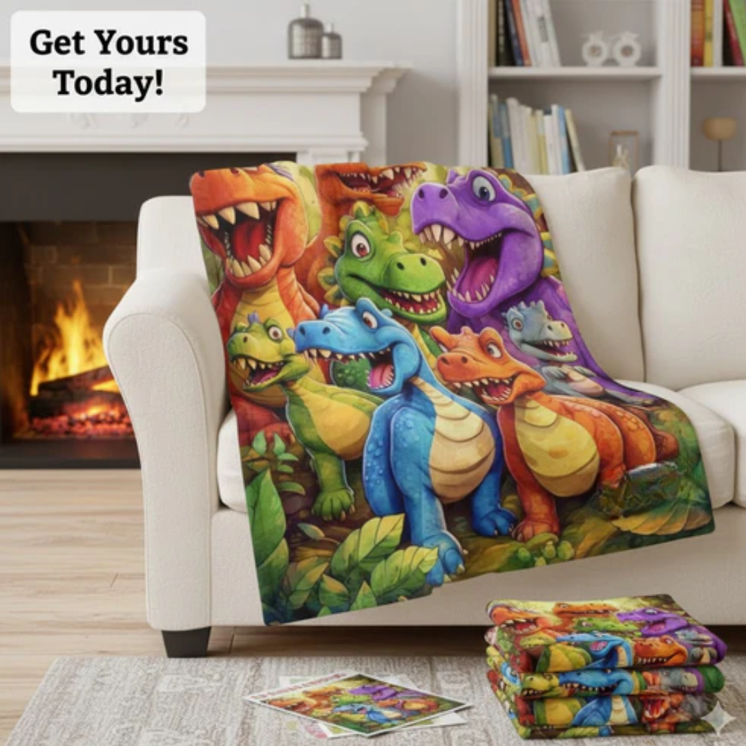 Plaid enfant avec dinosaures amusants. Couverture en flanelle douce, confortable et chaude.