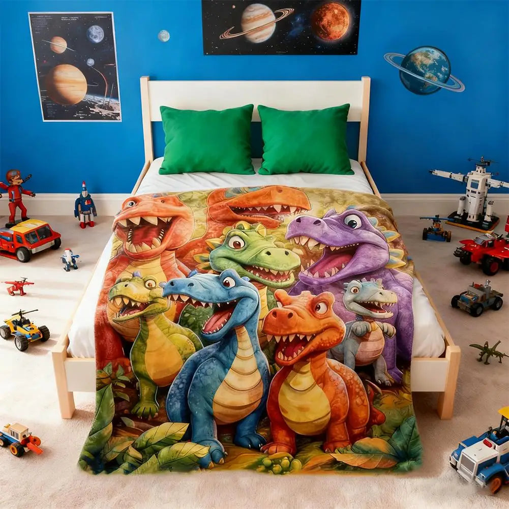 Grande couverture enfant dinosaures colorés. Douce flanelle, idéale pour chambre ou cadeau.