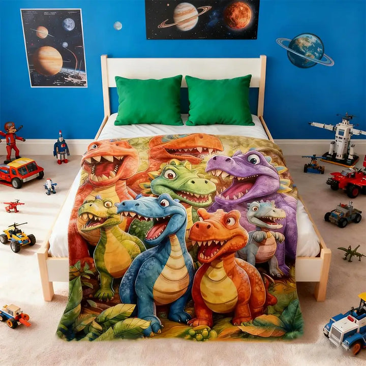 Grande couverture enfant dinosaures colorés. Douce flanelle, idéale pour chambre ou cadeau.