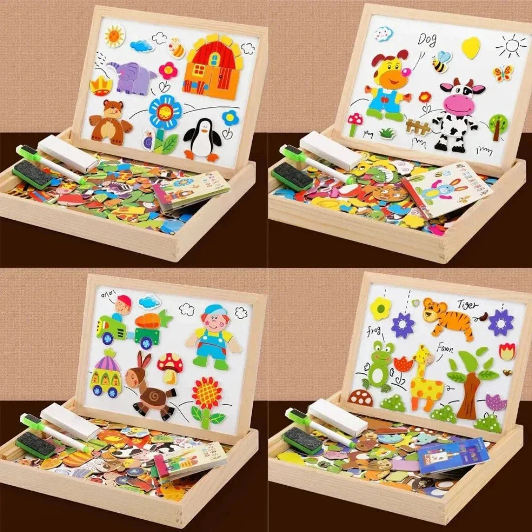 Enfant utilisant un tableau magnétique double face en bois pour créer des dessins et résoudre des puzzles amusants.