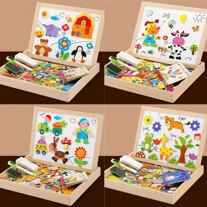 Enfant utilisant un tableau magnétique double face en bois pour créer des dessins et résoudre des puzzles amusants.