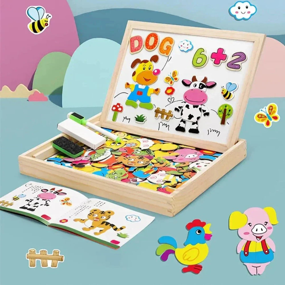 Jouet éducatif: tableau magnétique double face en bois pour enfants, stimulant la créativité et l'apprentissage précoce.
