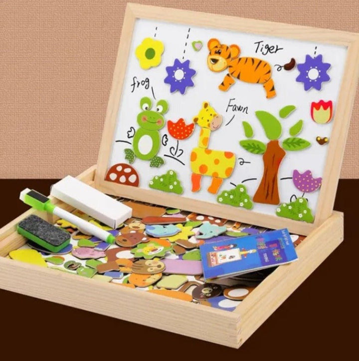 Robuste tableau double face magnétique en bois pour enfants, offrant un espace pour le dessin et les puzzles éducatifs.