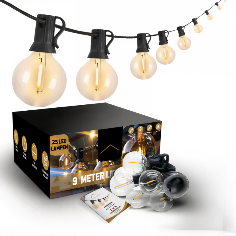 Guirlande lumineuse LED connectable pour illuminer une terrasse, un balcon ou un jardin avec une lumière douce.