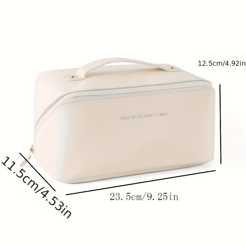 Organisateur de maquillage de luxe rose, trousse de voyage élégante pour femmes et produits de beauté.